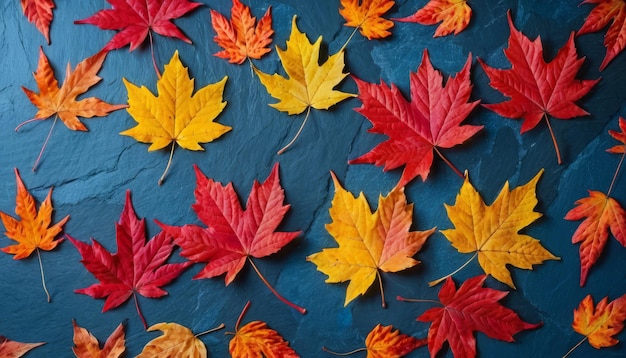 Autumn background with colored red leaves on blue slate background