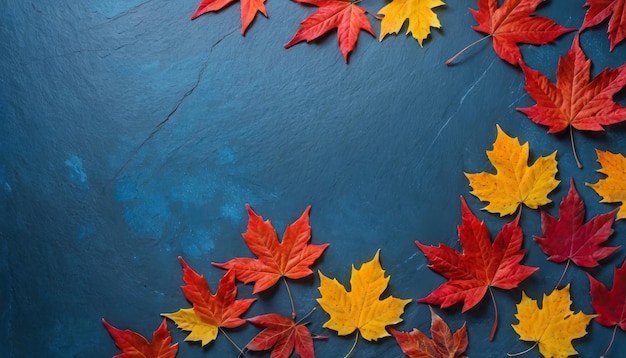 Autumn background with colored red leaves on blue slate background