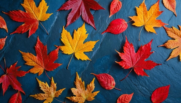 Autumn background with colored red leaves on blue slate background