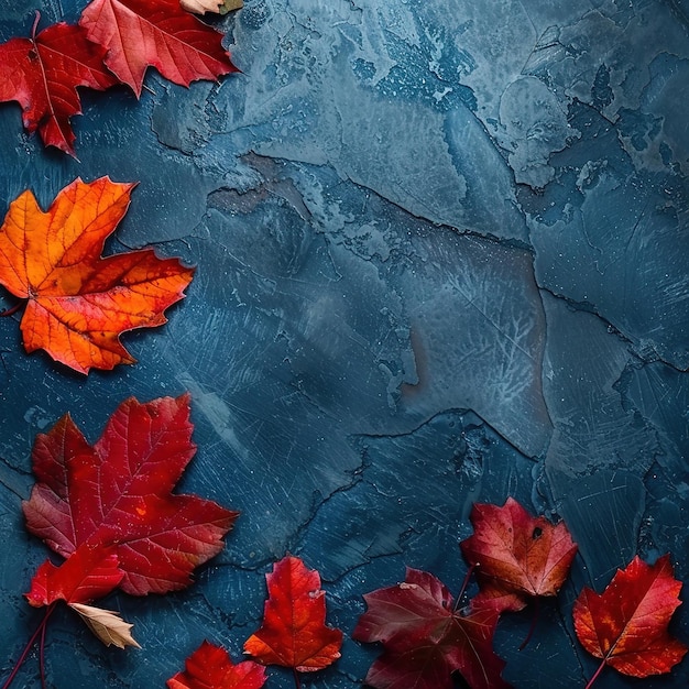 autumn background with colored red leaves on a blue slate backgroundreal photo