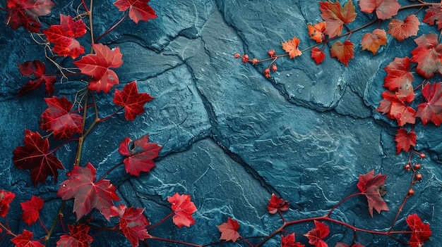 autumn background with colored red leaves on a blue slate backgroundreal photo