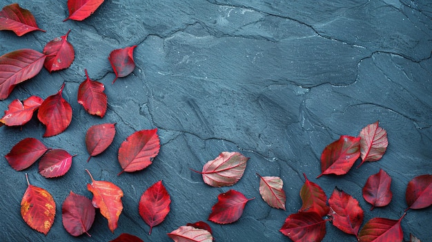 autumn background with colored red leaves on a blue slate backgroundreal photo