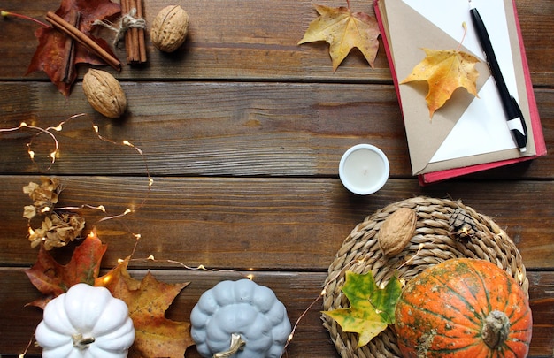 Autumn background with colored red leaves on wooden background Top view copy space