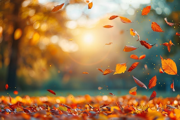 Autumn background with colorful leaves flying in the air and blurred sunny park landscape in the bac