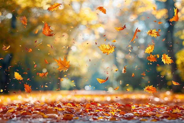 Autumn background with colorful leaves flying in the air and blurred sunny park landscape in the bac