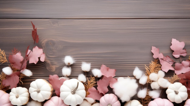 Autumn background with cotton flowers pumpkins and leaves on wooden background Generative AI