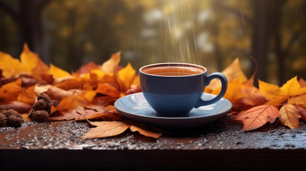 Autumn background with cup of coffee Illustration AI GenerativexA