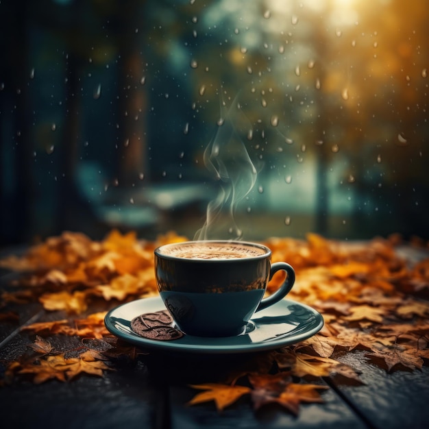 Autumn background with cup of coffee Illustration AI GenerativexA