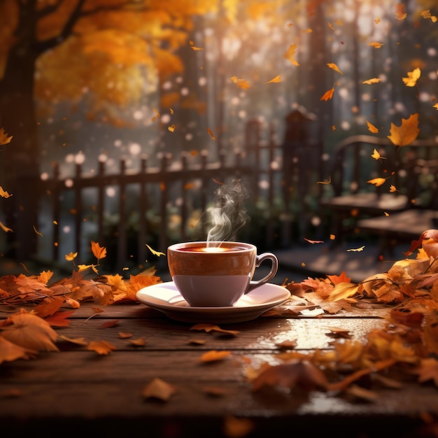 Autumn background with cup of coffee Illustration AI GenerativexA