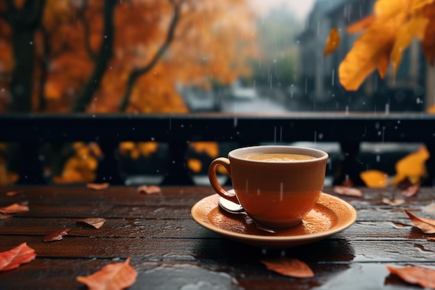 Autumn background with cup of coffee Illustration AI GenerativexA