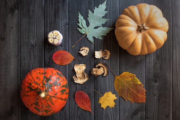 Autumn background with dried mushrooms, garlic and pumpkin. Dry tree leaves. Natural wooden background. Flat lay, top view.