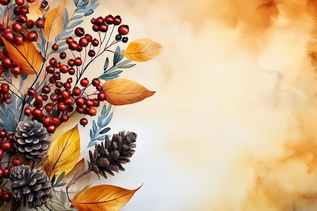 Autumn background with leaves berries and pine cones Greeting card Watercolor paintig