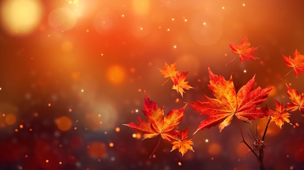 Autumn background with maple leaves bokeh lights and copyspace