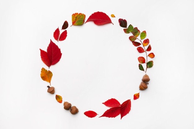 Autumn background with natural decor. Wreath made of autumn dried leaves. Flat lay, top view. Copy space for seasonal promotions and discounts. Fall, thanksgiving day concept