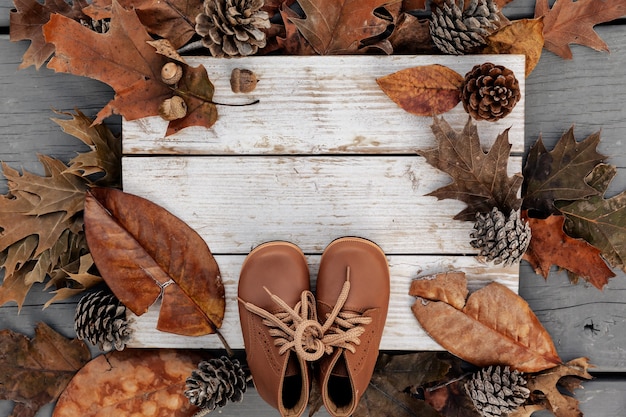 Autumn background with natural leaves, pine cones and leather shoes on aged wood with copy space, season holiday concept