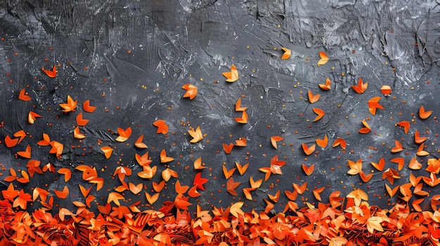 Photo autumn background with papercraft leaves in orange on textured dark grey backdrop fall decoration