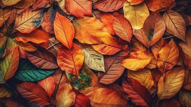 Autumn background with pattern texture of fallen dry orange leaves on ground Generative AI