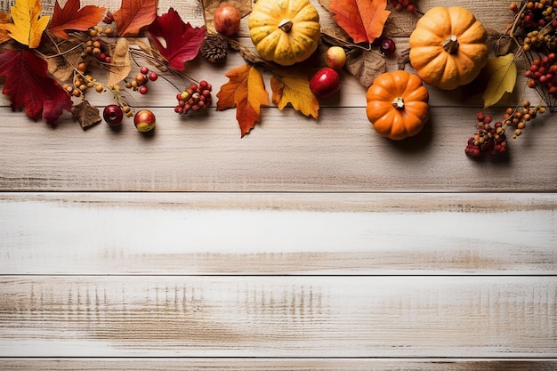 Autumn background with pumpkins berries and leaves on wooden table Banner