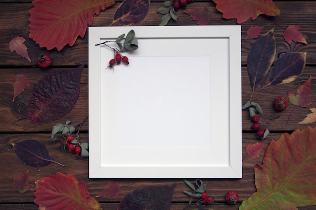 Autumn background with white card and copy space Autumn leaves on a wooden background