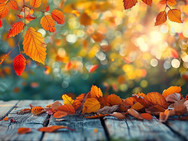 Autumn Background with Wood Table and Blurred Leaves