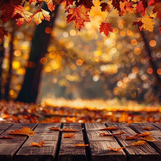 Autumn Background with Wood Table and Blurred Leaves