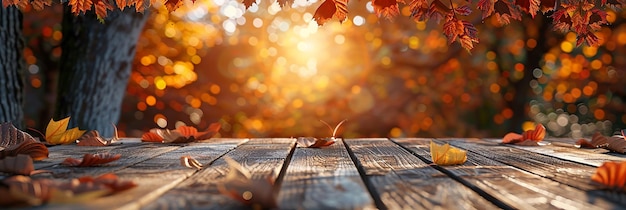 Autumn Background with Wood Table and Blurred Leaves