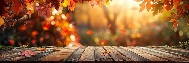 Autumn Background with Wood Table and Blurred Leaves