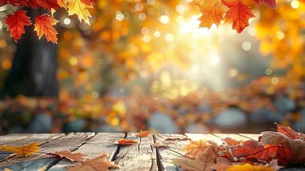 Autumn Background with Wood Table and Blurred Leaves