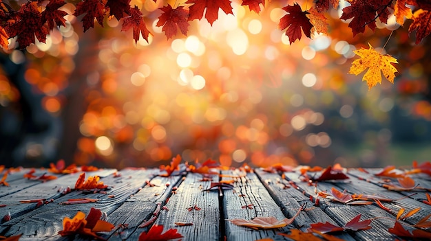 Autumn Background with Wood Table and Blurred Leaves