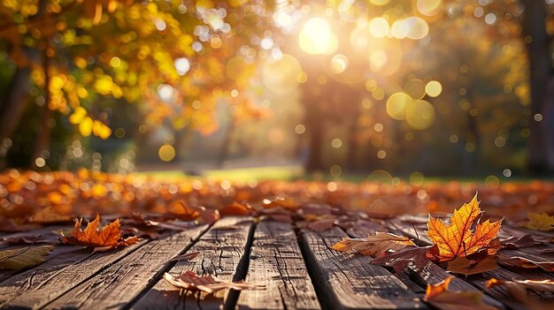 Autumn Background with Wood Table and Blurred Leaves