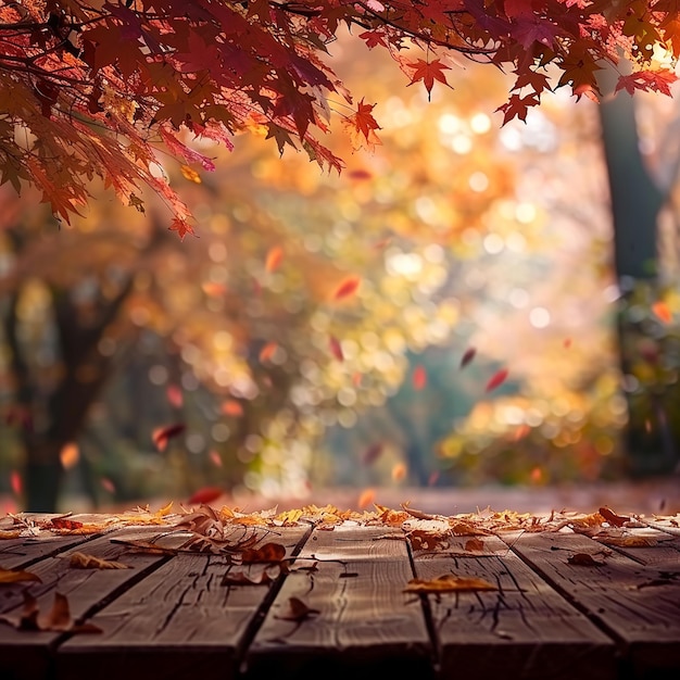 Autumn Background with Wood Table and Blurred Leaves