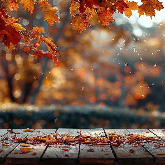 Autumn Background with Wood Table and Blurred Leaves