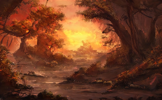 Autumn Beautiful magical forest fabulous yellow trees. Forest landscape, sun rays illuminate orange leaves and branches of trees. Magical autumn forest. Illustration