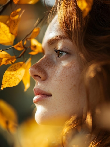 Photo autumn beauty portrait of a young woman surrounded by golden leaves