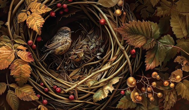 Autumn bird nest among vibrant foliage and berries