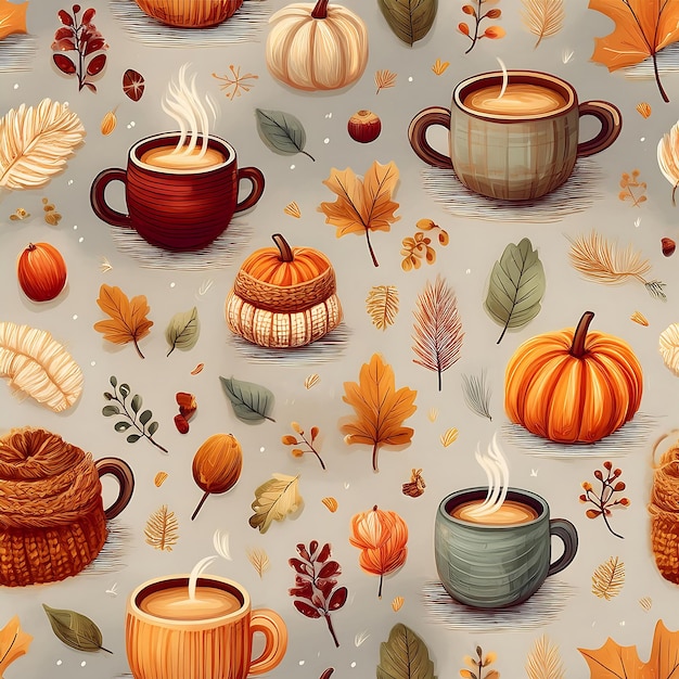 Autumn Bliss Seamless Pattern Icons featuring cozy elements like coffee and cocoa mugs pumpkins fall leaves and winter clothing Graphic art illustration