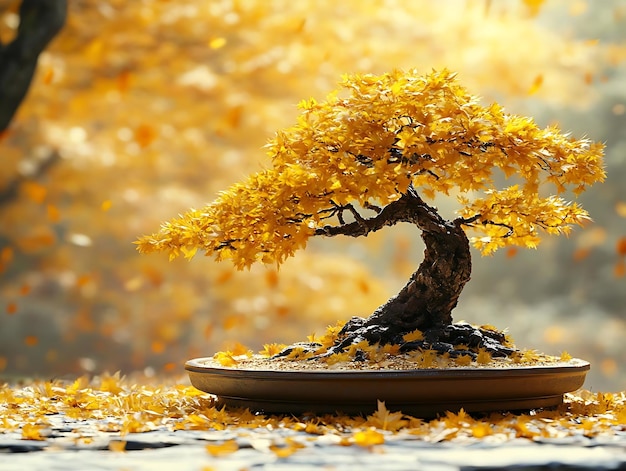 Autumn Bonsai Tree in a Pot with Golden Leaves Realistic Image