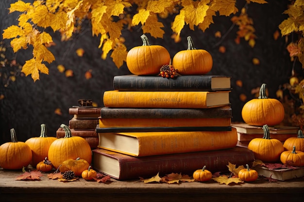 Autumn books Halloween books A stack of books and pumpkins ai generative