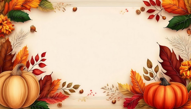 Autumn Border Design autumn flyer frame with a decorative border made of leaves acorns pumpkins and copy space Graphic art illustration Ai Generative