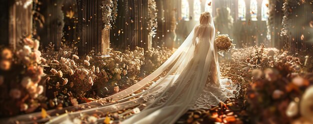 Photo autumn bride walking down the church aisle with a long flowing train during her wedding ceremony