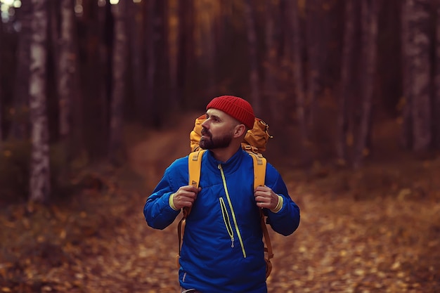 autumn camping in the forest, a male traveler is walking through the forest, yellow leaves landscape in October.