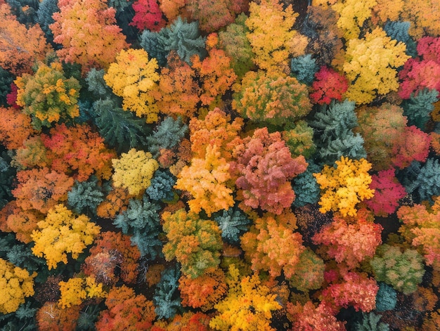 Autumn Canopy Richness Foliage Colors Overhead view of a dense forest canopy displaying vibrant autumn foliage ar 43 style raw stylize 250 Job ID 95da693f27e54444af5892939a419cad