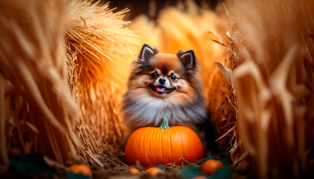 Autumn Celebration Adorable Pomeranian Dog Among Pumpkins and Harvest Decorations