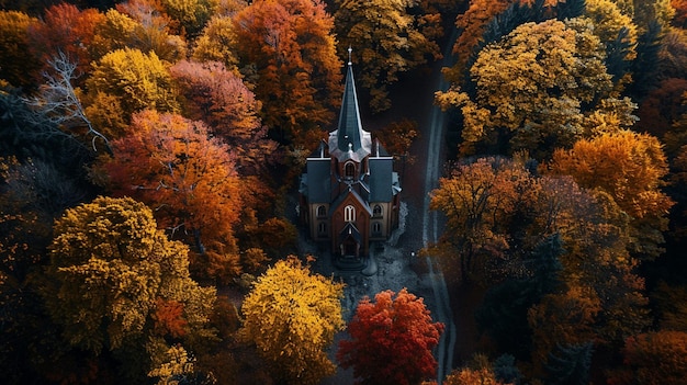 Photo autumn church landscape aerial view