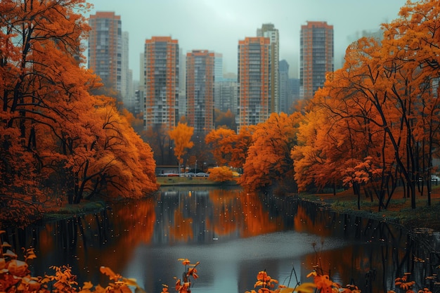 Autumn city rainy landscape orange golden foliage fall wallpaper