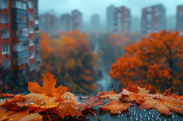 Autumn city rainy landscape orange golden foliage fall wallpaper