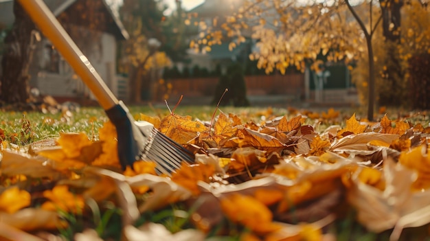 Autumn clean in garden back yard Rake and pile of fallen leaves on lawn in autumn park Volunteering cleaning and ecology concept Seasonal gardening