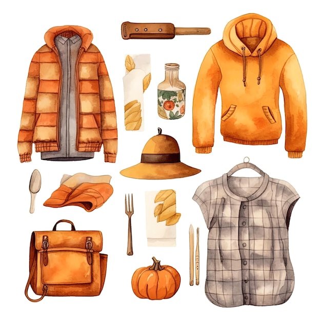 Autumn clothing on white background knolling style