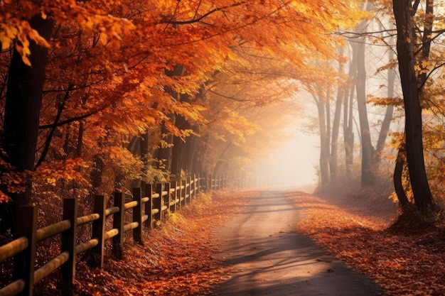 Autumn colors fill the air along a dusty forest road