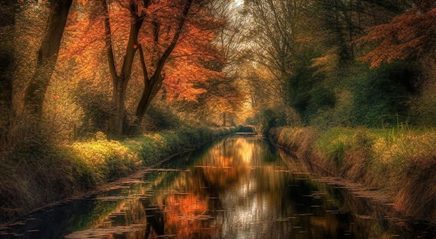 Autumn colors on the trees line up the canal